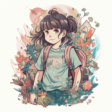 A detailed illustration of a Japanese kindergarten girl, going to school, wearing a cute backpack, style cartoon, colors, two-dimensional, planar vector, character design, T-shirt design, stickers, colorful splashes, and T-shirt design, Studio Ghibli style, soft tetrad color, vector art, fantasy art, watercolor effect, Alphonse Mucha, Adobe Illustrator, hand-painted, digital painting, low polygon, soft lighting, aerial view, isometric style, retro aesthetics, focusing on people, 8K resolution, u