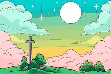 The Christian cross appears brightly in the background of the sky simplified lineart vector outline, clipart, coloring page style, svg cut file