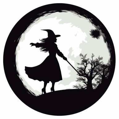 clipart image of a bright full moon with the silhouette of a witch in black with a witch's hat flying across the moon on her broom. Vector, white background