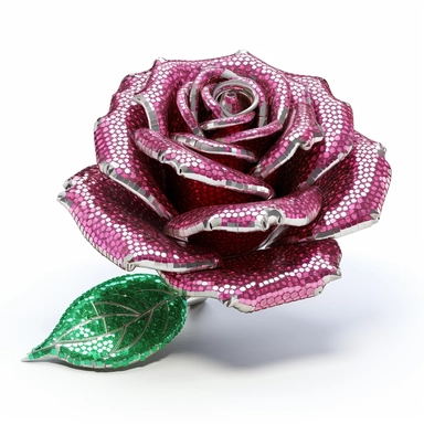 clipart of a realistic rendering of a magenta rose made out of pure diamond and emerald on a white background, in the style of extremely detailed, mineral, expensive, 8k