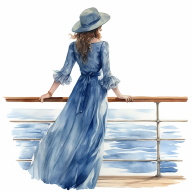 woman in blue dress standing on the deck of a boat looking at water, hands on railing, watercolor, clipart