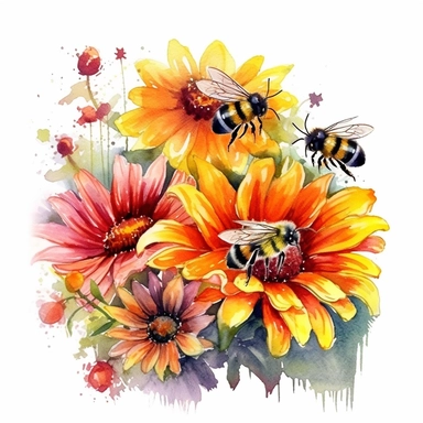Create a charming watercolor clipart of bees and flowers. The scene should include several bees buzzing around a variety of vibrant flowers, collecting nectar. The style should mimic that of a watercolor painting, with soft edges, subtle color blending, and the characteristic transparency of the medium. Use a digital rendering technique that mimics the effect of a watercolor brush on a textured paper. The lighting should be soft and diffused, as if it's a sunny day. The colors should be bright a