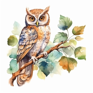 Create a watercolor clipart of a great owl sitting on a lime tree branch. Focus on rendering the detail of the owl's intense, calming, and sharp gaze.