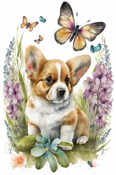 Adorable chiot jouant avec papillon et fleurs : Clipart aquarelle,réalisé félin mignon, utilisation commerciale, 300 DPI, Art mural, fabrication de cartes,