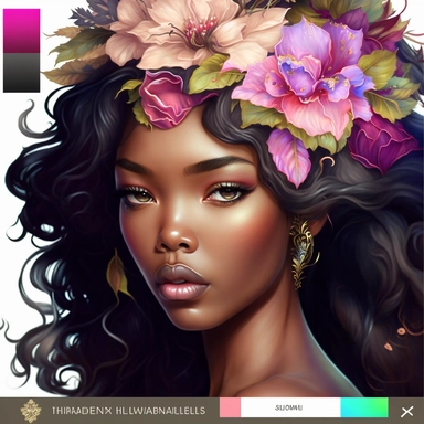 beautiful brown skinned, melanin, an clipart by Artgerm, featured on deviantart, full head shot including hair, fantasy art, copic marker, a full head of pretty lady who looks like a model wearing a hat adorned with flowers, long wavy black hair, beautiful eyes, beautiful lips, one subject, wearing ornate dress with pink floral settings, highly detailed, 8 k, cinematic, sharp focus, masterpiece, white background, wearing pink dress