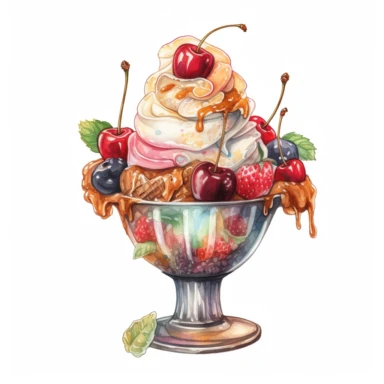 Watercolour of a Ice Cream sundae, Clipart,Cartoon,hyper realistic, intricate detail isolated on a white background, high quality, sublimation, detailed, cartoon style