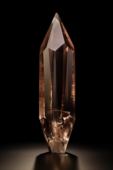 photo of a elongated smoky quartz gemstone crystal on a white background with bright highlights on the edges, chromatic aberration, photorealism, studio lighting, clipart, render, global illumination, back light