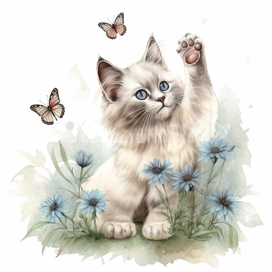 hand drawn ragdoll kitten, reaching for a butterfly, grass, flowers, very detailed and realistic, watercolor, clipart style