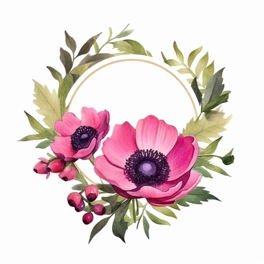 dark Magenta anemone flower bunch, watercolor, clipart, highly detailed, HD, flowers arranged in a square-shaped frame