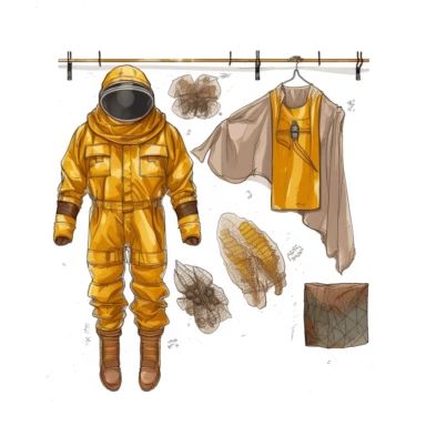A detailed drawing of a beekeeper's suit, highlighting the protective layers, mesh veil, and gloves, hanging on a hook near a beehive, ready for use. (Digital drawing clipart, image black border color, full body, flat texture, transparent background)