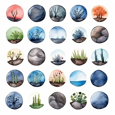 Watercolor wax seal , illustrations clipart set, simple , cartoon elements, rocks, bushes , different variants , , separate elements with a margin