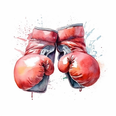 Boxing gloves logo watercolor,simple Watercolor, hyper realistic, white background, white margins, 16k, ultra detailed clipart, cut out image, hand - drawn, whimsical manhwa style, ultra HD, sharp and clean art