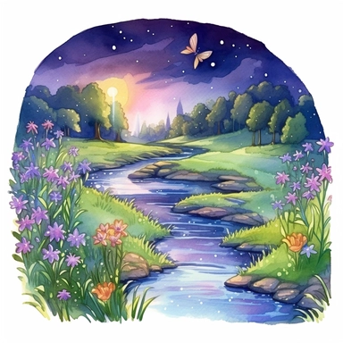 cartoon fairy glen by the River, grass and flowers line the sides if the river, glowing lights and sparkles, colors of green purple gold and blue, glamorous realistic and detailed, watercolor, white background with margins, clipart style