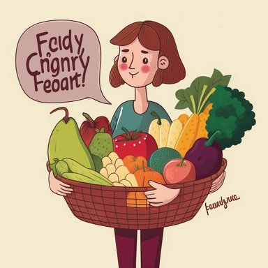 A clipart of a person holding a basket filled with fresh fruits and vegetables, with a message about the importance of choosing cruelty-free foods and products.