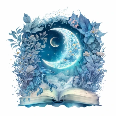 fantasy scene coming out of an open book, moon fairies stars, florals, magical, watercolors, Clipart, pastel blue color theme