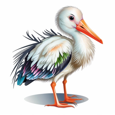 A clipart for kids with a cute baby stork animal motif in frontal view on white background. The animal motif is depicted in bold colors