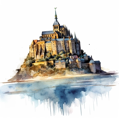 a France Mont Saint Michel in the style of watercolour clipart with detailed brush strokes