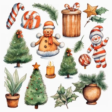 watercolor, Set of decorative lines with Christmas theme motifs. png Full body realistic cartoon in 32K UHD cute. 15 cm thick outline. Black color. There was no shadow on the ground. 8k with realistic watercolors and detailed illustrations. PNG clipart, transparent white background