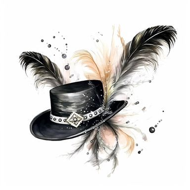 high detail watercolor clip art high fashion hats with feathers and pearls in black, on a white background