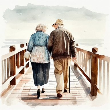 Old Couple Watercolor Clipart walking along a boardwalk with back towards us