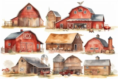 Watercolor barns clipart, farm style, red barn house, horse, tractor, windmill, wood gate illustrations, wedding invitation diy.
