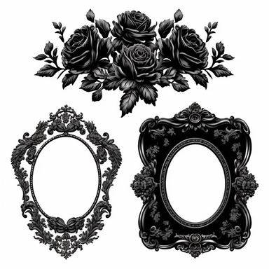 isolated image on white background, Ornate Black Rose Frames Clipart, vintage antique royal frames with decorative Gothic Baroque scrolls