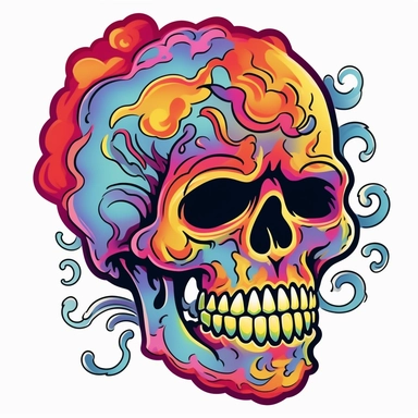 create a clipart-style illustration of a skull with a Grateful Dead-inspired design, where colorful images are placed only on the skull itself, resembling tattoos. The skull should have an expression that appears to be laughing or joyful, adding a playful element to the artwork. Begin by sketching the outline of a skull, focusing on capturing its distinct features such as the eye sockets, nasal cavity, and jawline. Keep the lines clean and simple, adhering to the clipart style. Within the confin