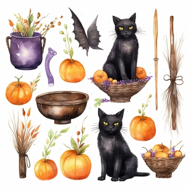 beautiful loose watercolor, halloween clipart, a witch's broom , illustrations clipart set, simple, halloween colors , different variants , candy , black cat ,separate elements with a margin, on white backgound