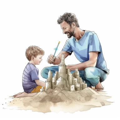 A father and son building a sandcastle on the beach, Watercolor, Clipart, detailed, high resolution, transparent background PNG