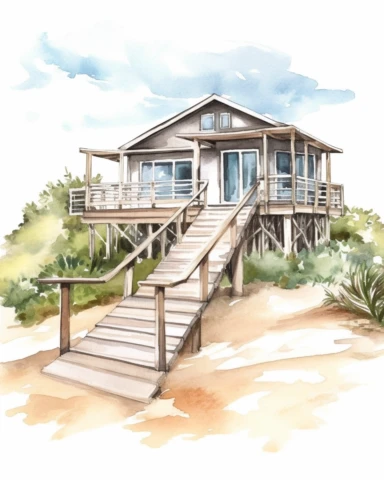 Watercolor clipart beach house, ocean view, wide angle, long shot, realistic, isolated on white background