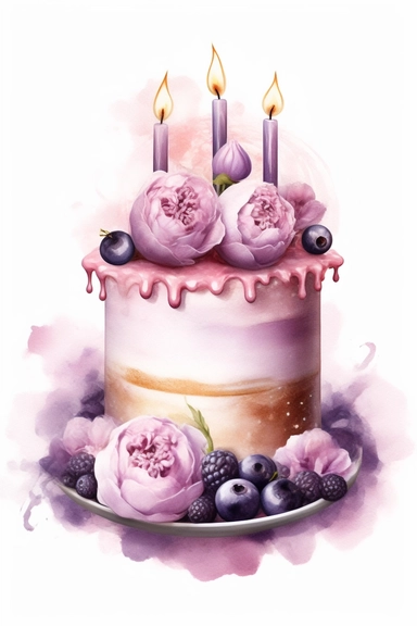 amazing detailed watercolor clipart of a beautifully detailed lilac and baby pink colored birthday cake, no caption, solid white background, cinematic light lighting, hyper-detailed, 8k, high resolution, symmetrical, full shot photograph, insanely detailed and intricate, beautiful, elegant, glamour, watercolor, cinematic