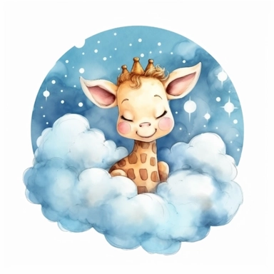 a captivating watercolor clipart image with a white background and white margins, featuring a cute sweet kawaii extremely happy smiling cartoon baby giraffe sleeping on a cloud, full body. The ultra-detailed, hand-drawn elements capture the details. Use vibrant shades of various colors to create a visually appealing image
