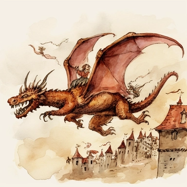 brownish reddish medieval dragon flying alone in the air above peasants who are running in fear watercolor clipart no fonts no words no letters