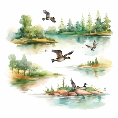 watercolor hunting scene in forest or fields with lake in vicinity where duck flocks take off in numbers , illustrations clipart set, simple, , cartoon elements ,different variants , natural elements, separate elements with a margin, ,4k, high resolution, , natural colors, vibrant green tones, birds and ducks