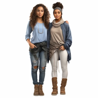 realistic illustration of two female african american friends standing very close to each other. Ladies are wearing denim jeans and a short top, belly is visible, modern look. Clipart, isolated on white background, 4K