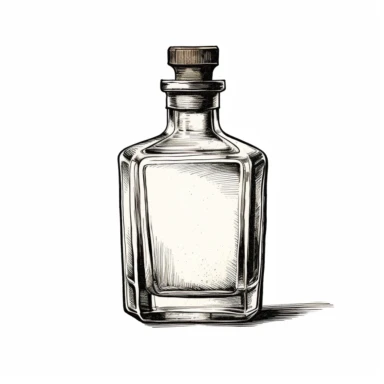 liquor bottle, old school vintage illustration style, pen and ink, hand drawn, clipart, isolated on white background