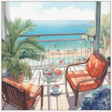 watercolor, hyper realistic, white background, white margins, 16k, ultra detailed clipart, cut out image, hand-drawn, whimsical manhwa style, ultra HD, sharp and clean art cozy balcony with a colorful rug, a comfortable armchair, and a small table with a cup of coffee, overlooking a beach with palm trees.