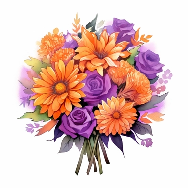 watercolor clipart of gorgeous blossoms with the fft® blooming sunshine bouquet, in the style of fauvist vibrant and bold colors, dark orange and purple, candid moments, combining natural and man-made elements, gemstone, bold color fusions, cartoonish innocence