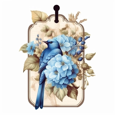 paper tag, hang card with hole, clip art, printed with Blue hydrangea flowers and forgte me knots, bluebirds with realistic feathers and vines in floral frame, in the style of elaborate printed paper gilding, romantic and nostalgic theme, clipart, tie on gift tag, no ribbon, white background,