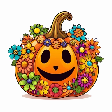Groovy hippie 60s halloween pumpkin, Funny cartoon flower power clipart white background