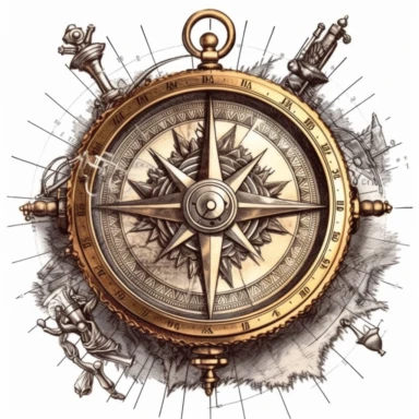 a clipart of a TORN vintage compass from the early 20th century in the style of realism with no elements, , luis ricardo falero, highly detailed illustrations, 32k uhd, white background