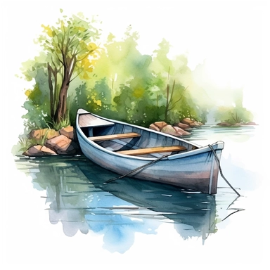 row boat, small creek, clipart, illustration, summer, water color, white background, high detail