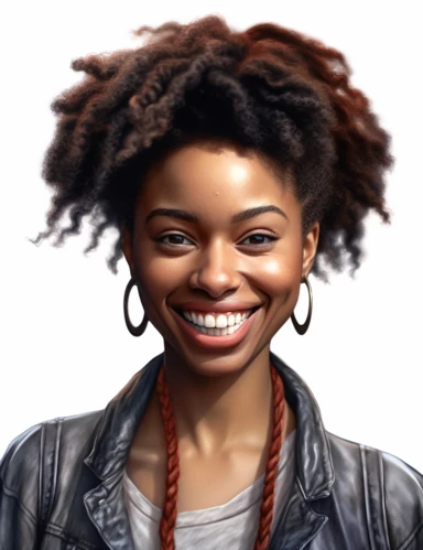 hasselblad 24 mm three quarters shot of a gorgeous african american woman with blue eyes, clipart, Composition: Relaxed position with intricate high hairstyle, smiling, detailed natural skin, Style: Nu-Goth, white background, hyperrealism, 32k