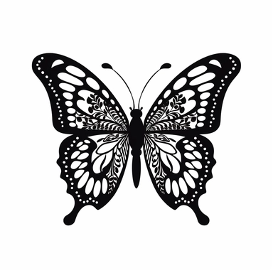butterfly black silhouette with white highlights on white background, flat svg clipart style, high quality, details