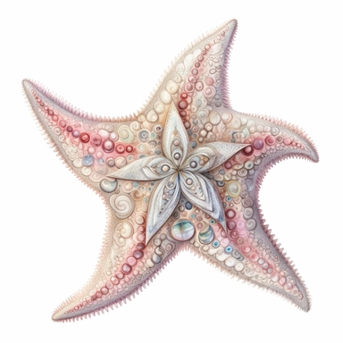 Watercolored pencil style illustration, boho style decorated starfish, soft pink, beige and silver, isolated on a white background, PNG file clipart style, Dennis Wojtkiewicz, Amanda Clark, Lowell Herrero,