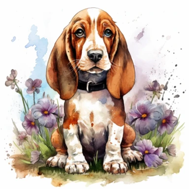 An intricately detailed watercolor clipart illustration displaying an ultra-realistic [specific design idea, like Adorable cute beby Basset Hound, grass and flowers on the back of the puppy  ], isolated on a white background, in the style of ultra-detailed watercolor clipart illustrations, HDR watercolor clipart illustrations, 32K watercolor clipart illustrations, hyperrealistic watercolor clipart illustrations, ultra-intricate watercolor clipart illustrations, high-resolution watercolor clipart