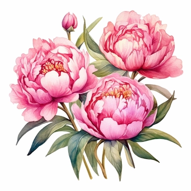 Watercolor pink peonies clipart on a white background in the style of feminine sticker art, Tanya Shatseva, storybook illustration, Georgia O'Keeffe, flower and nature motifs, colored line art, colored outlines, cottagecore design, watercolor on white background, ombre, sunny tones, colored line art, colored outlines, iridescent ombre, gradient shading, vibrant tone, vibrant digital art oil paint photorealism, an illustration of a colored flower, meticulous sketches, Magali Villeneuve, simple, c