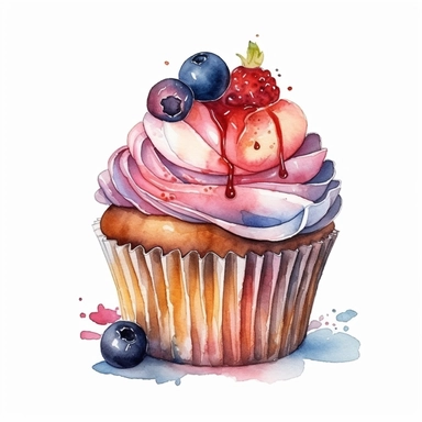 Watercolour of a cupcake, Clipart,Cartoon,hyper realistic, intricate detail isolated on a white background, high quality, sublimation, detailed, cartoon style