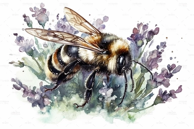 Aquarelle Bumble Bee Clipart on thyme flower, detailed painting, white background, single design, isolated white background, 8k, spaced out