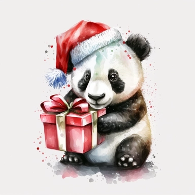Cute and Happy Panda wearing a Santa hat and holding a Christmas present, Clipart. watercolor style, white background
